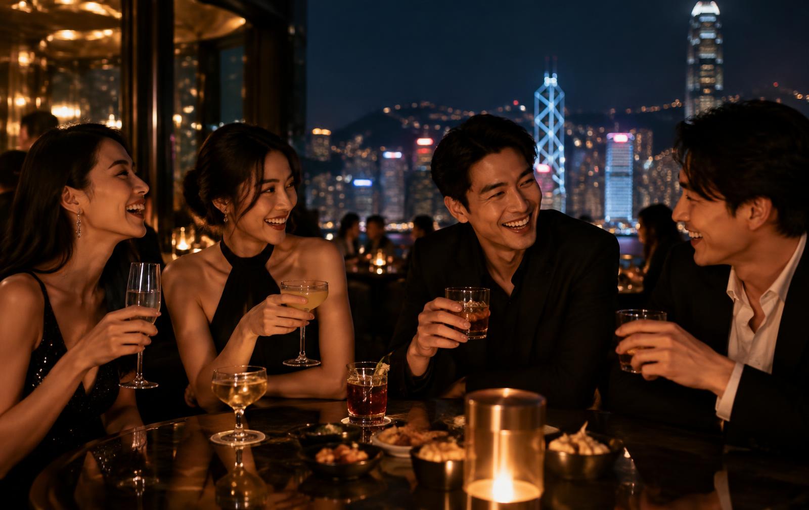 Friends enjoying drinks at a rooftop bar in Hong Kong